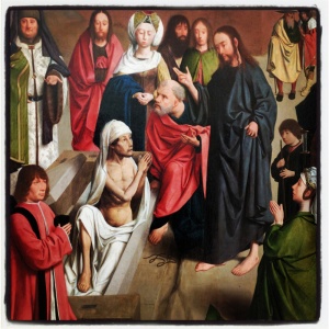 La résurrection de Lazare, avec un couple de donateur et leur fillette en prière de Geertgen tot Sint Jans