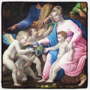 Le repos pendant la fuite en Egypte ou La sainte famille servie par les anges portant les raisins de la passion d'Ippolito Andreasi